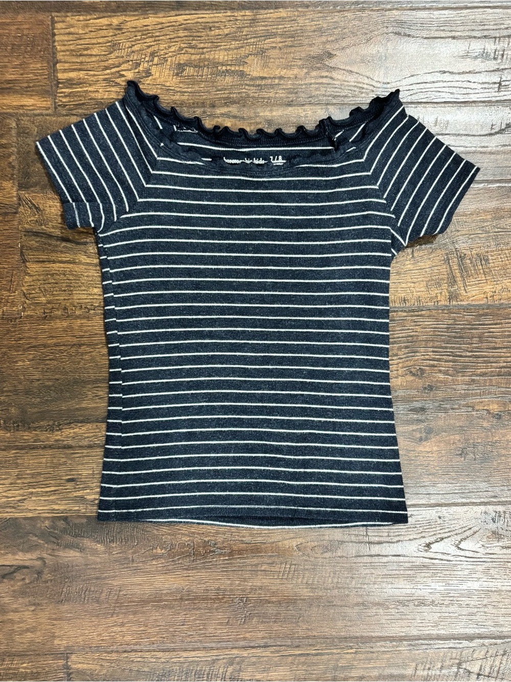 abercrombie kids Navy & White Striped Ruffle Neck Tee